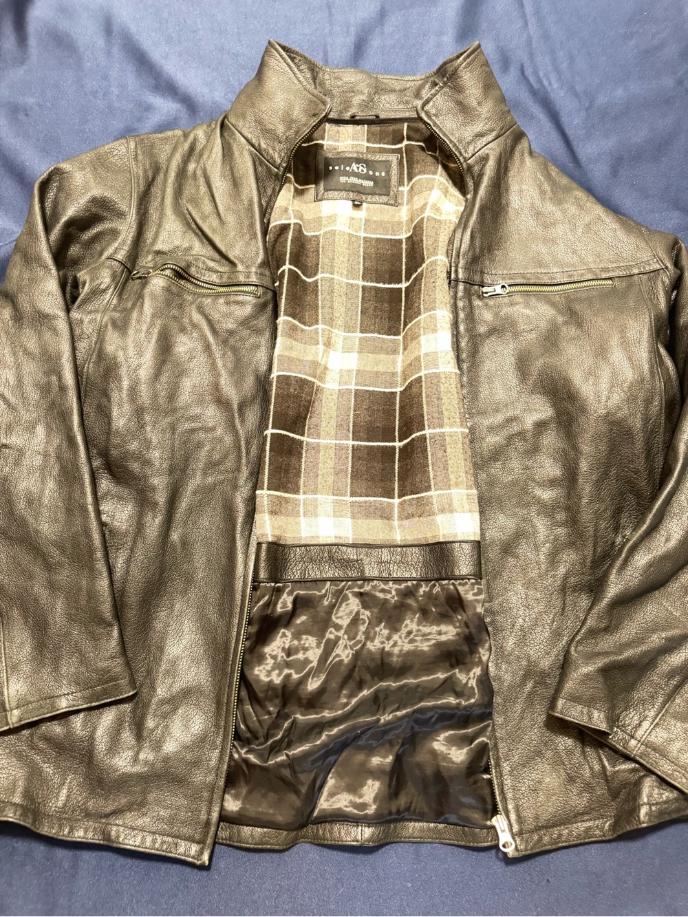 selections A&S Men's Black Leather Plaid Lined Jacket Full Zip Stand-Up
